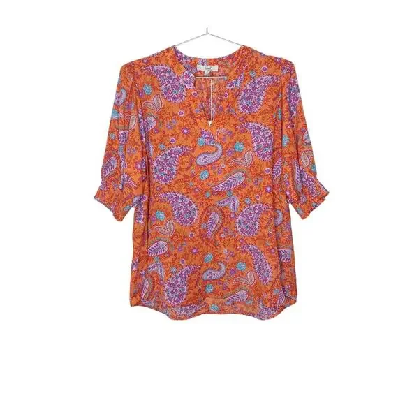 New Easel Boho Floral Paisley Blouse Orange Pink Blue Top 3/4 SleeveSize Small - Picture 3 of 10